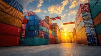 Fototapeta premium Cargo containers stacked with barriers between them, representing trade restrictions and economic limitations in global markets.