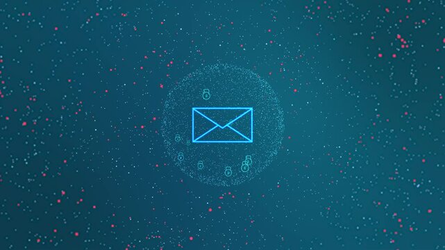 An encrypted mail with dome is protecting from hack, virus on the blue gradient background. Network security animation concept with blue and red glowing particles.