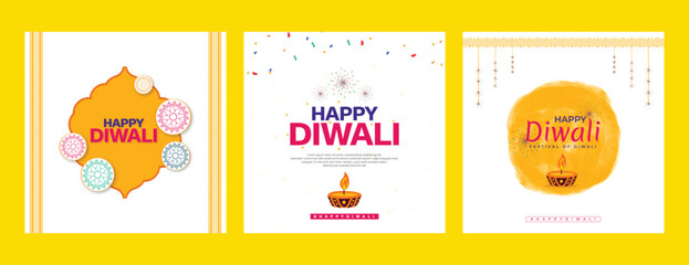 Happy Diwali three colour background design with flat oil lamp and light decoration wishing or greeting post or banner design vector file