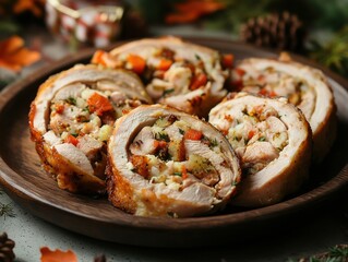 Stuffed chicken rolls garnished with herbs and vegetables on a rustic plate, perfect for a festive meal or cozy dinner setting.