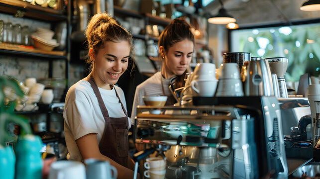 Two young baristas working in coffee shop, standing by counter, preparing coffe in machine. University students working part-time in cafe