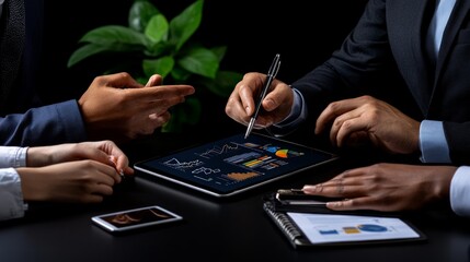 Strategic Collaboration:  A diverse team of professionals leans over a tablet, engaging in a collaborative discussion, analyzing data and charts. Their focused expressions and gestures demonstrate 