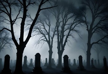 Silhouettes of gravestones in a foggy cemetery at night, with trees and a dark sky in the background