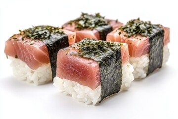 Fresh fish sushi slices are placed on top of white rice with nori decoration covering the decorated rice.