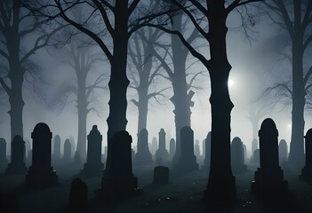 Silhouettes of gravestones in a foggy cemetery at night, with trees and a dark sky in the background