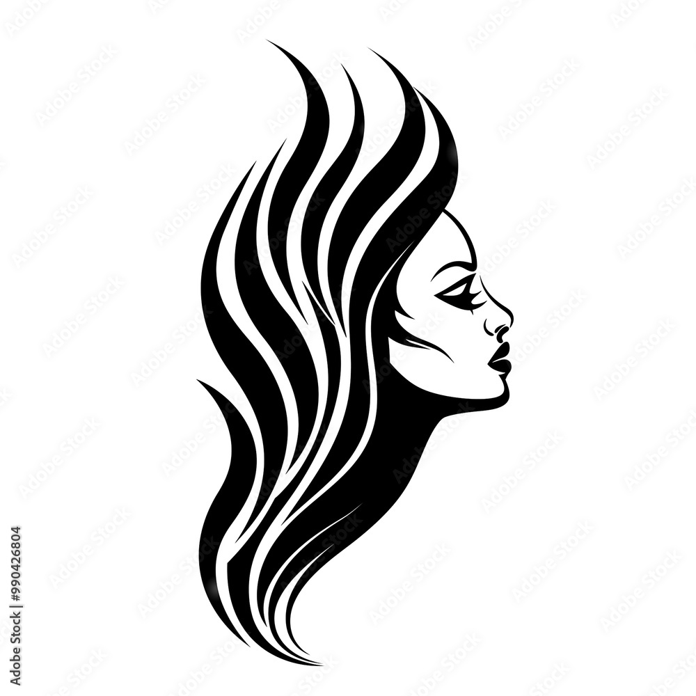 Wall mural a woman with long black hair and a black and white background. the hair is styled in a way that it l