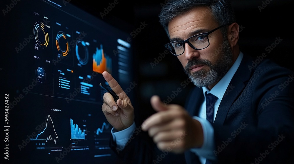 Poster data driven decisions: a businessman analyzes data on a large display, his focused gaze and finger p