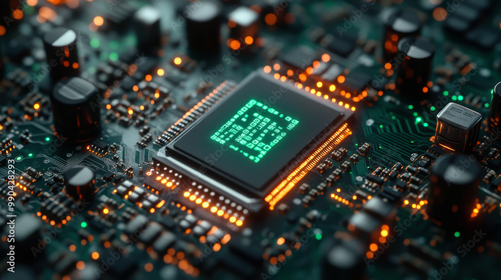Poster green illuminated microchip surrounded by circuit board components showcasing advanced technology in