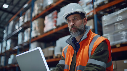Warehouseman checking delivery, stock in warehouse on computer, pc. Warehouse manager using warehouse management software, app