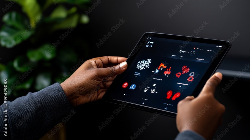 Poster hands holding tablet with app interface