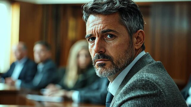 Intense courtroom drama unfolds as a man faces judgment from the jury during a high-stakes trial in a historic courthouse