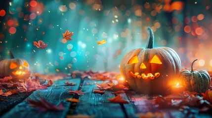 Halloween Hintergrund mit K&uuml;rbis und Herbstlaub..