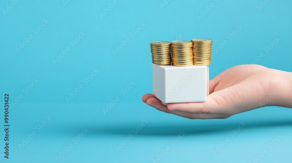 Poster concept image of a simple white cube with bitcoin coins on every side, held by a hand, isolated on a