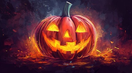 Naklejka premium A vibrant Halloween pumpkin vector featuring a classic jack-o'-lantern design with a cheerful, spooky expression. This illustration captures the festive spirit of Halloween, perfect for decorations, 