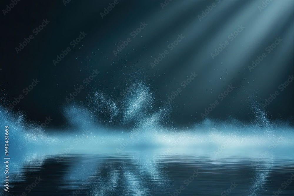 Poster boost ethereal blue mist reflections with shimmering particles against a dark background