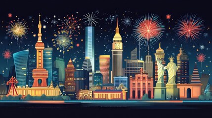 Fototapeta premium New Year's Eve Celebrations in Major Cities Around the World, Generative AI