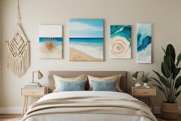 Bohemian Coastal Inspired Modern Bedroom Canvas Art with Soft Tones