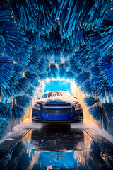 Car covered in soap surrounded by blue brushes in an automatic car wash