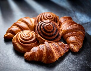 A group of cinnamon rolls and croissants, styled with dramatic diagonals, macro zoom, on marble.