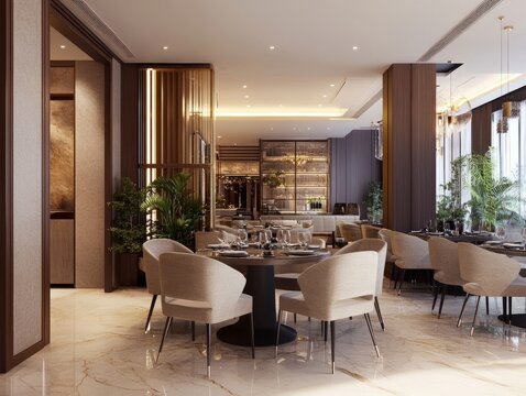 A beautifully designed restaurant with modern seating, elegant lighting, and sophisticated decor, offering a chic and refined dining experience