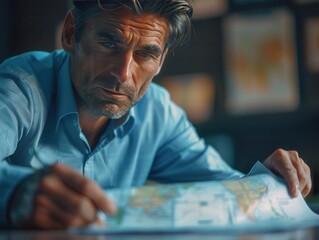 Thoughtful middle-aged man studying a world map in a dimly lit room, exploring travel and geography.