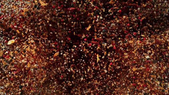 Super Slow Motion Shot Various Spices Mixture Exploding Towards Camera at 1000fps.