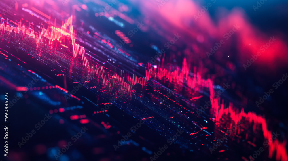 Poster vibrant visualization of a fluctuating data graph with colorful digital patterns in a high-tech envi