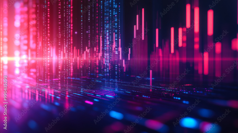 Poster vibrant visualization of a fluctuating data graph with colorful digital patterns in a high-tech envi