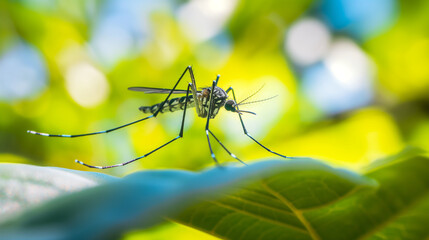 Close-up of mosquito resting on leaf in tropical forest, emphasizing its role in transmitting viruses, shallow depth of field.