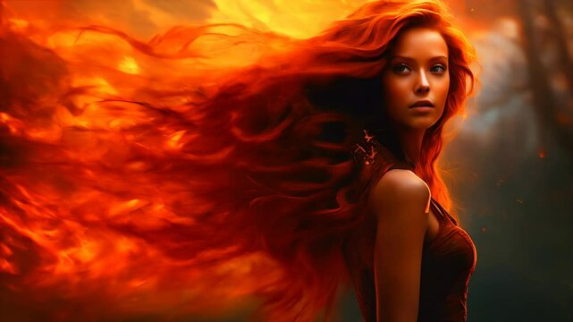 Beautiful young woman with long red hair on a background of fire