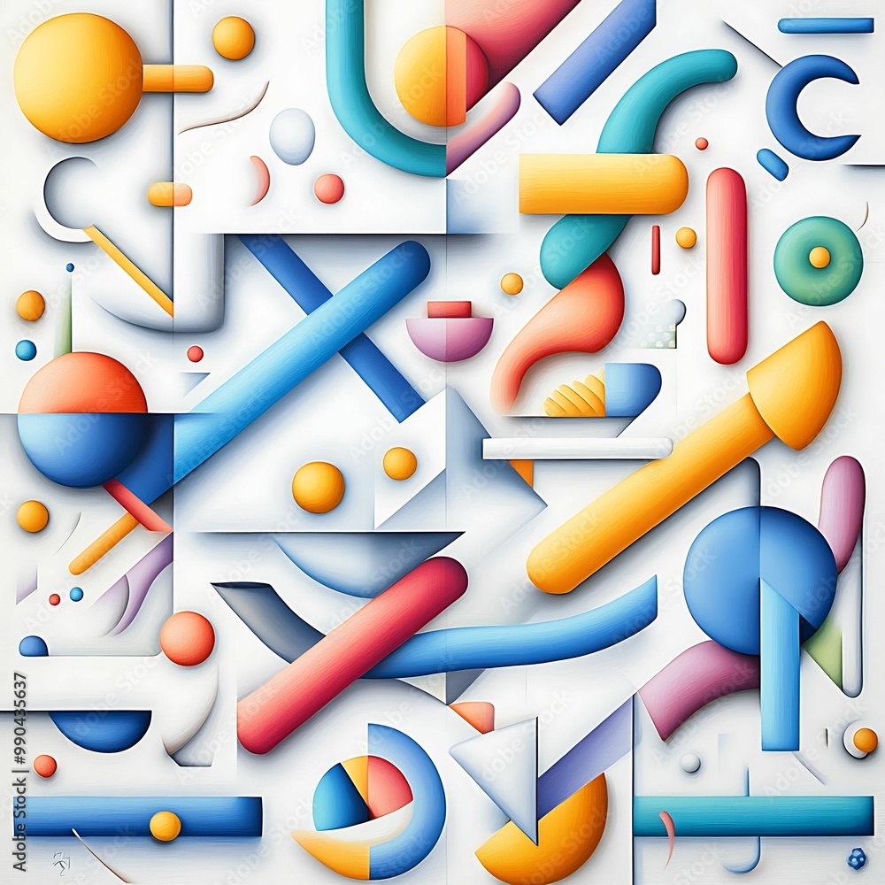 Poster a vibrant, abstract composition featuring geometric shapes and bright colors, creating a dynamic vis
