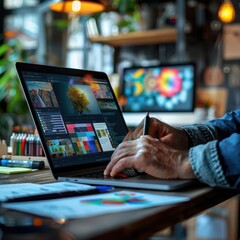 Graphic designer working on a laptop in a creative workspace, with vibrant design elements on screen, and a colorful desk setup.