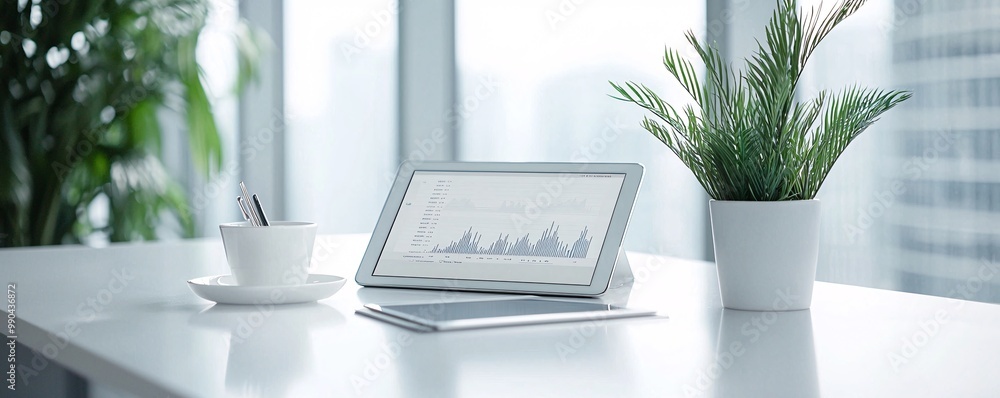 Poster a minimalist image featuring a digital tablet displaying graphs and charts related to commodities, w