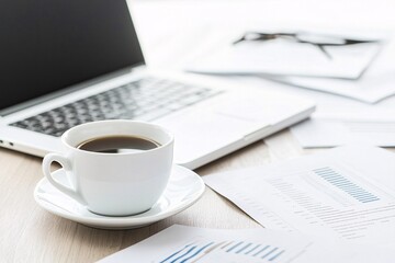 A financial planner's desk with a laptop, a cup of coffee, and printed materials showcasing the benefits of including commodities in an investment portfolio. The image has a tidy arrangement with