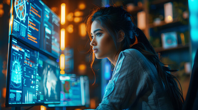 Young Indian Female Software Developer Working in Technological Start-Up Office. South Asian Specialist Programming Monitoring Solutions. VFX Hologram Edit Visualizing Coding Inte