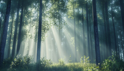 Obraz premium Tall, misty trees with sunlight streaming through the branches, creating a magical and mysterious forest atmosphere