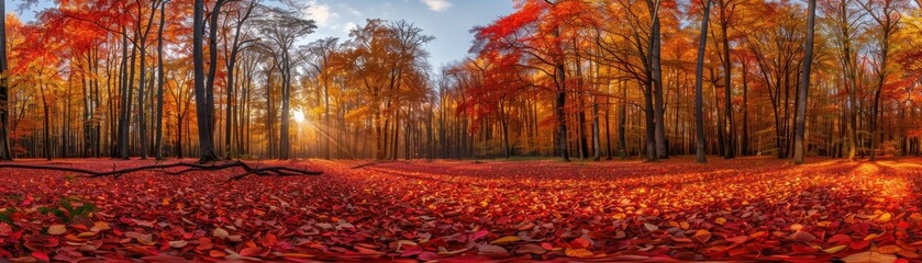 Panoramic view of a beautiful autumn forest with vibrant red and orange foliage, capturing the essence of fall's stunning colors at sunrise.