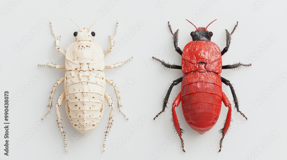 Poster insect comparison: white and red specimens on gray background
