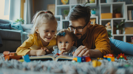 Obraz premium Young nuclear family playing with toys in a living room. Parents and children lying on floor, looking at children's story book, spending weekend day indoors