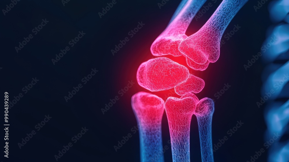 Poster knee joint anatomy with highlighted bones and structures