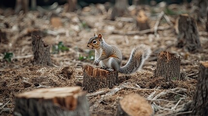 Squirrel Perched on a Tree Stump in a Forest Clearing