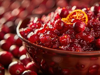 Close-up of a bowl filled with fresh homemade cranberry sauce garnished with orange slices, perfect for a festive holiday meal.