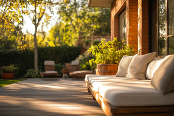 Obraz premium Relaxing outdoor seating arrangement in a sunlit backyard with comfortable cushions and lush greenery in early evening light