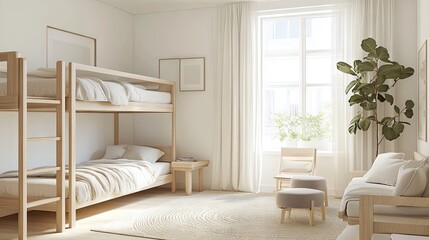 Elegant, minimalist Nordic-style bedroom with bunk beds. Clean lines, light wood accents, and soft white tones create a cozy, uncluttered retreat.