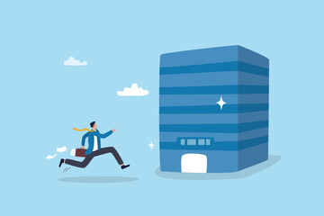 Employee come to office, engagement or career opportunity, recruitment candidate or job routine, startup or entrepreneur, employment concept, businessman come to office building to interview or work.