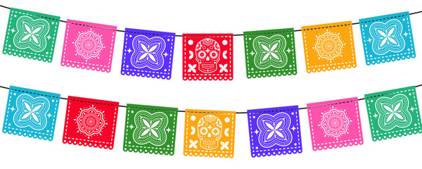 Dia de Los Muertos - Day of the Dead set of colorful mexican traditional paper cutting flags - papel picado.