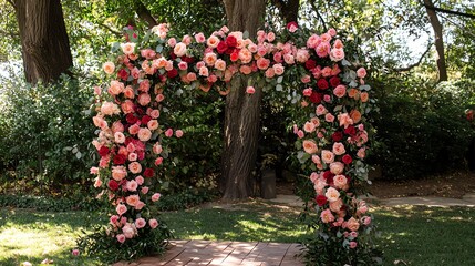 Custom colors available for floral arch backdrops to match the event theme perfectly