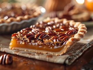 A close-up image of a slice of pecan pie with a rich, glossy filling and perfectly toasted pecans on a rustic wooden table.