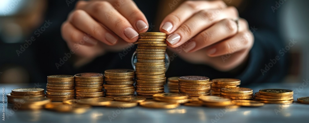 Poster hands building a stack of coins