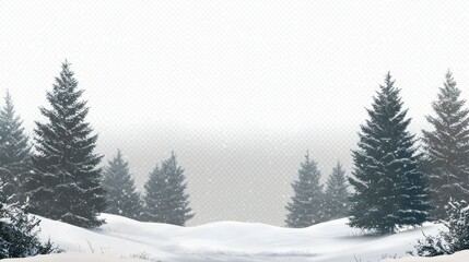 Fototapeta premium A Christmas background featuring a snow-covered landscape and pine trees on a transparent background. 